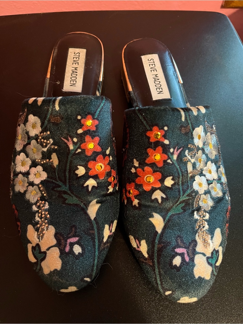Steve Madden Teal Floral Embroidered Slip-On Mules